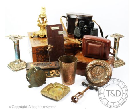 A selection of vintage items, to include a pair of silver plated candlesticks, gilt metal lamp, Denhill binoculars, boxes etc