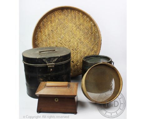 A coopered oak spirit barrel / cottrell, 20.5cm H, a 19th century tin hat box and contents and a 19th century rosewood tea ca