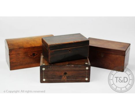 Four 19th century boxes, including a inlaid mother of pearl rosewood example, 8.5cm x 22cm x 15cm (4) Provenance: Clynog Farm
