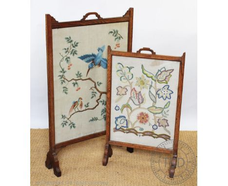 Two oak framed fire screens with tapestry inserts, tallest 104cm high, wiht a stained pine trunk (3) Provenance: Clynog Farmh