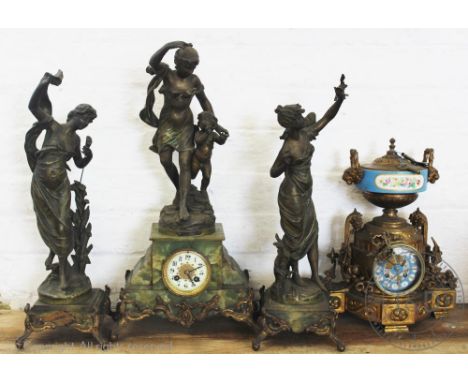 A 19th century gilt spelter and Sevres style porcelain mounted mantel clock, with floral Roman numeral dial, 37cm H, with an 