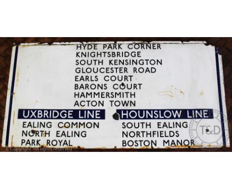 A vintage London Underground large enamel sign, showing stations on the Picadilly line from Hyde Park Corner to Acton Town wi