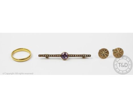 A 22ct yellow gold wedding band, weight 3.4gms, size H/I, with an amethyst and seed pearl set bar brooch stamped '15', weight