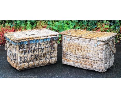 Two vintage wicker railway baskets named for Crewe station, larger 50cm H x 86cm W x 52cm D, with two other Crewe baskets (4)