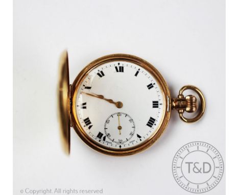 A 9ct yellow gold, half hunter pocket watch, Birmingham 1927, the 9ct gold Dennison case enclosing white enamel dial with bla