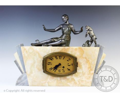 An Art Deco marble and spelter mantle clock, surmounted with a maiden and a goat, 38cm H x 47cm W (at fault) CONDITION REPORT