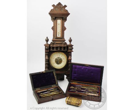 Two 19th century rosewood cased part instrument sets, longest 24cm, with a barometer and a prisoner of war straw work box (4)
