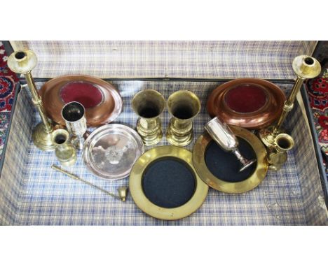 A selection of ecclesiastical metal wares, to include a pair of tall candlesticks, 43cm, all in a vintage trunk 