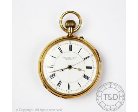 An 18ct gold open face pocket watch by Thomas Russell &amp; Son, Chester 1900, the white enamel dial with black Roman numeral