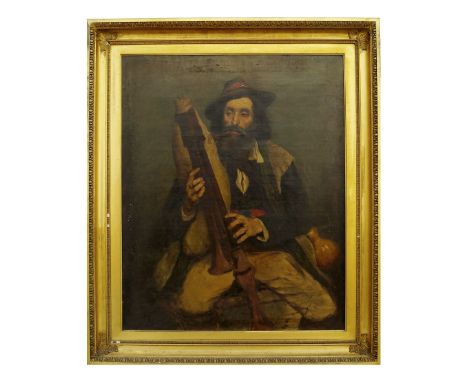 French School, mid-late 19th century- Portrait of a piper, seated three-quarter length; oil on canvas, in a gilt composition 