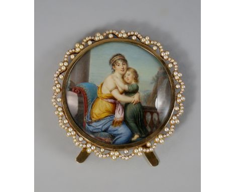 A Portrait Miniature, French School, early 19th century, depicting a mother seated three-quarter length holding a child on a 