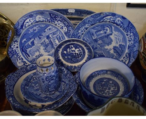 A Tray of Various Blue and White to Include Copeland Spode Italian, Willow Pattern Etc 