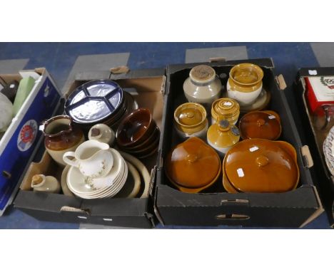 Two Boxes of Treacle Glazed Kitchenwares, Storage Jars, Plates etc 