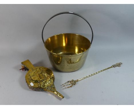 A Vintage Brass Jam Kettle, 30.5cm Diameter Together with a Pair of Brass Mounted Bellows and a Brass Toasting Fork 