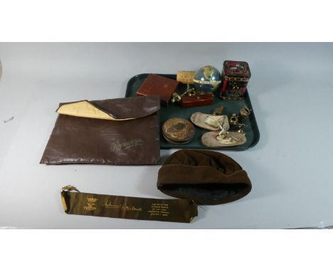 A Tray of Curios to Include Vintage Tin, Metal Cased Tape Measure, Perfume Bottle, Natwest Globe Savings Bank etc 