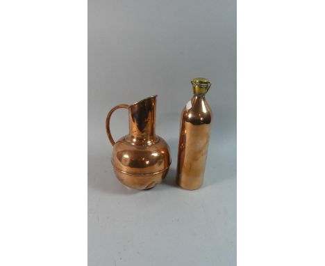 A 19th Century Copper and Brass Flask and a Copper Guernsey Style Jug, Flask 28cm high 