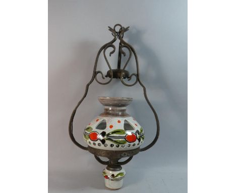 A Mid 20th Century Ceramic and Wrought Iron Wall Hanging Lamp, 58cm High 