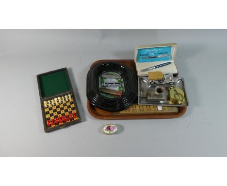 A Tray of Curios to Include Vintage Travelling Chess Set, Champion Spark Plug Gauge, Candle/Match Box Holder, Compass Etc 