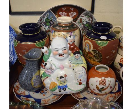 A Tray of Oriental Ceramics to Include Laughing Buddha, Various Kutani and Satsuma Vases, Imari Plates Etc 