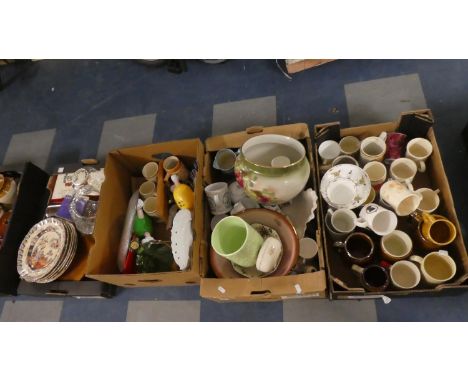 Four Boxes Containing Various Commemorative Mugs, Ceramics, Glassware, Plates, Goblets etc 