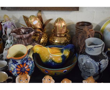 A Tray of Ceramics to include Rooster Teapot, Dutch Gouda Bowl (AF), Glazed Jugs etc 