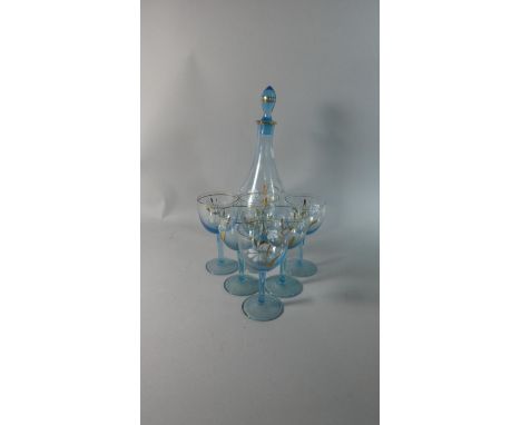 A Continental Blue Glass Decanter and Six Wine Set 