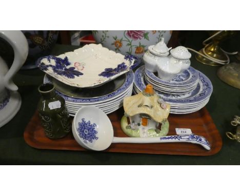 A Tray Containing Various Blue and White Willow Pattern Dinner, Side and Small Plates, Blue and White Soup Ladle, Pastel Burn