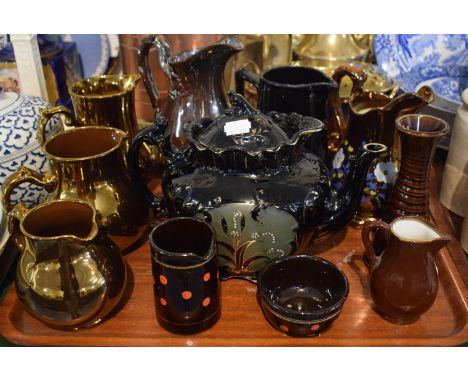 A Collection of Copper Lustre Jugs, Jackfield Style Teapot and Jugs etc 
