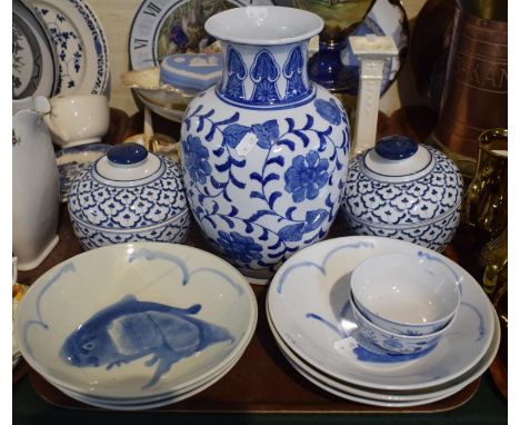 A Tray of Oriental Blue and White Ceramics to Include Two Lidded Jars, Vase, Fish Plates etc 