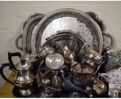 A Tray Containing Various Silver Plate Items to Include Trays, Tea Service, Helmet Shaped Sugar Bowls etc 