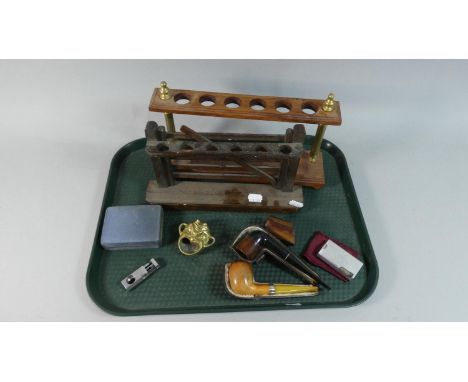 A Tray of Smoking Ephemera to Include Cigar Cutter, Vintage Pipes. Two Pipe Racks, Lighter Etc 