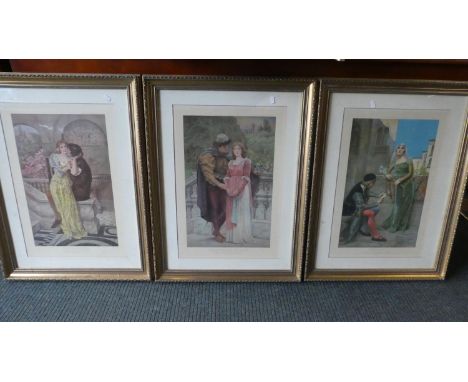 A Set of Three Gilt Framed Prints, Reconciled, First Words of Love and Romance, Each 82cm High 