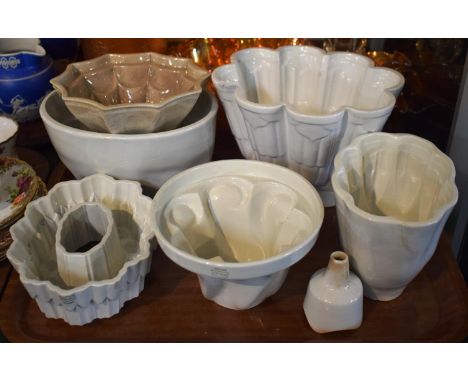 A Collection of Six Glazed Ceramic Jelly Moulds to Include Shelley etc Together with a Pie Vent 