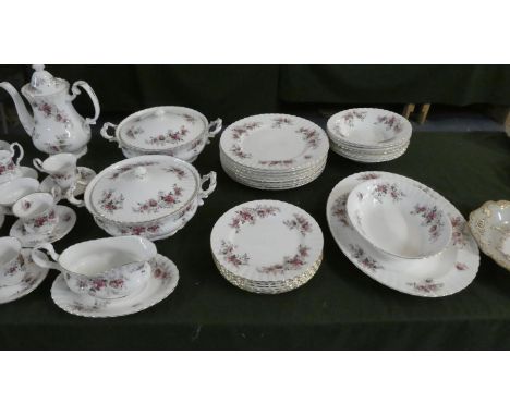 A Collection of Royal Albert Lavender Rose Dinnerwares to Include Eight Dinner Plates, Six Side Plates, Seven Bowls, Two Lidd