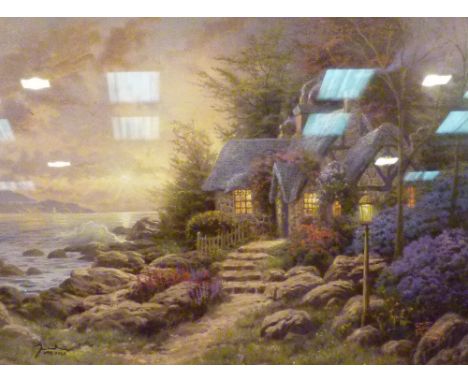 THOMAS KINCADE COTTAGE SCENE. Thomas Kincade limited edition print 698/3950 of a cottage scene, 40 x 30 cm