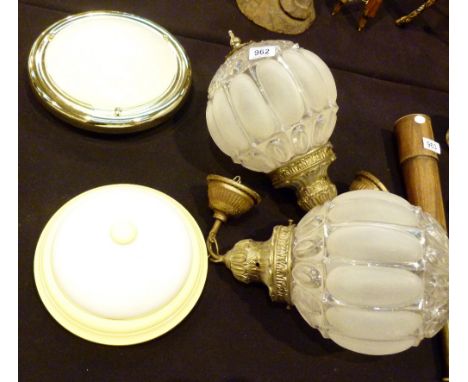 1950S CEILING LIGHTS. Pair of decorative glass and gilded brass ceiling lights and a 1950s retro ceiling light