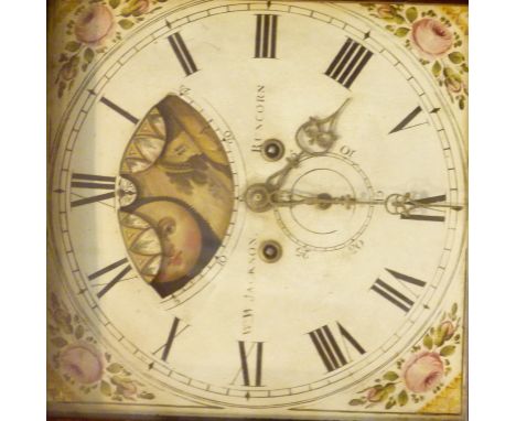 W W JACKSON RUNCORN LONGCASE CLOCK. Oak &amp; mahogany eight day longcase clock with painted face and rolling moon
