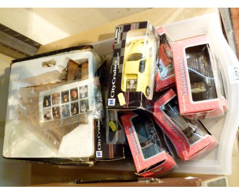 DIECAST MODEL VEHICLES. Tray of boxed diecast metal model vehicles and a copper model ship lighter