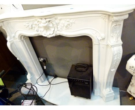 MARBLE FIRE SURROUND. Cast marble ornate fire surround with solid white marble plinth