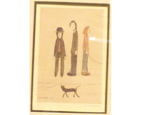 LOWRY THREE MEN AND A CAT. Signed limited edition print of L S Lowry Three Men and a Cat, signed in pen lower right and beari