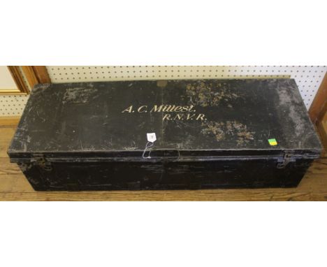An early 20th century oblong metal travel trunk with lift up lid with RNVR inscription to the top