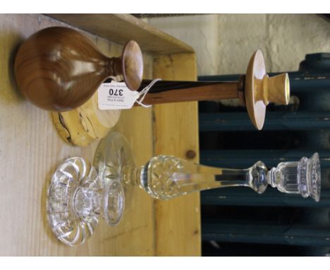 A crystal glass single candlestick with a baluster-shaped stem, together with a dwarf candlestick, a studio crafted candlesti