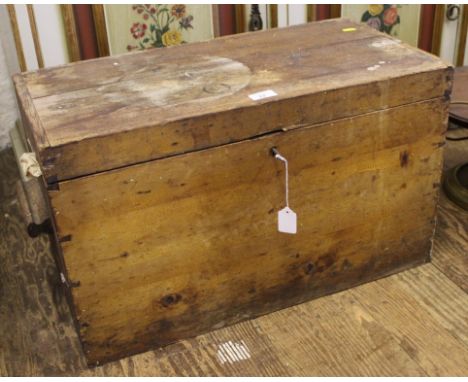 A broad selection of old hand tools in a wooden box, 38cm x 65cm