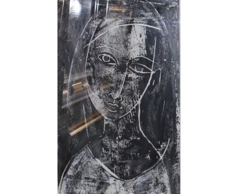 Darina Roche-Kiang, lino cut, 1/10, Indian ink editions,  FEMALE PORTRAIT framed and mounted, 29cm x 18cm, signed verso