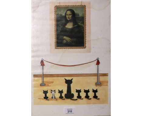 Jacqueline Cooper, limited print, 17/100 MUSEUM CATS  and a smaller print of a Christmas scene, 35cm x 25cm and 17cm x 13cm (