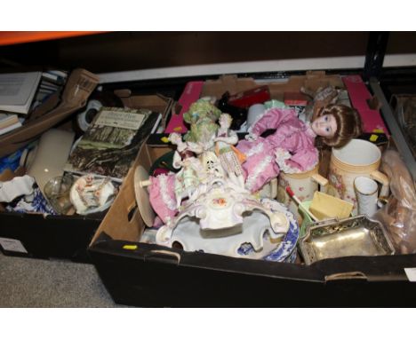 THREE TRAYS OF ASSORTED CERAMICS ETC. to include a Continental style figural vase, oak framed wall barometer etc. 