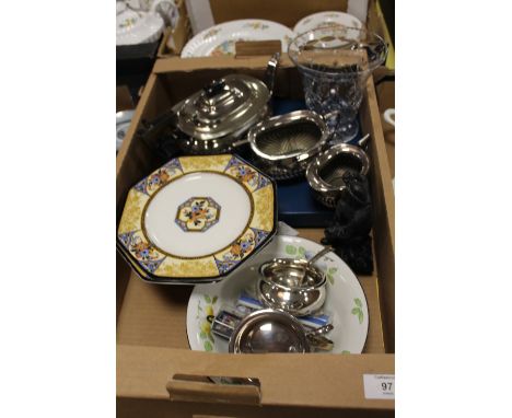 A SILVER PLATED THREE PIECE TEA SERVICE, ROYAL WORCESTER CAKE STAND, ETC
