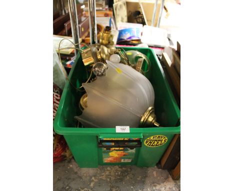 A TRAY OF VINTAGE OIL LAMP PARTS, LIGHT SHADES ETC