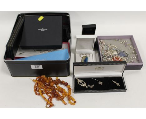 A TIN OF SILVER AND OTHER NECKLACES together with other assorted jewellery  