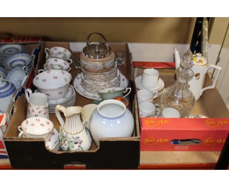 TWO TRAYS OF CHINA AND CERAMICS TO INCLUDE A ROYAL WORCESTER CUP AND SAUCER, ROYAL COPENHAGEN VASE ETC.